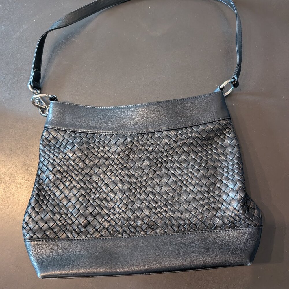 ili New York Black Leather Woven Shoulder Bag